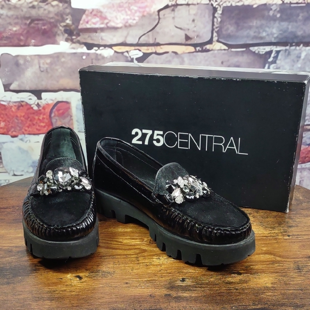 275 Central "Vernice" Bejeweled Lug Sole Patent Leather/Fur Loafers